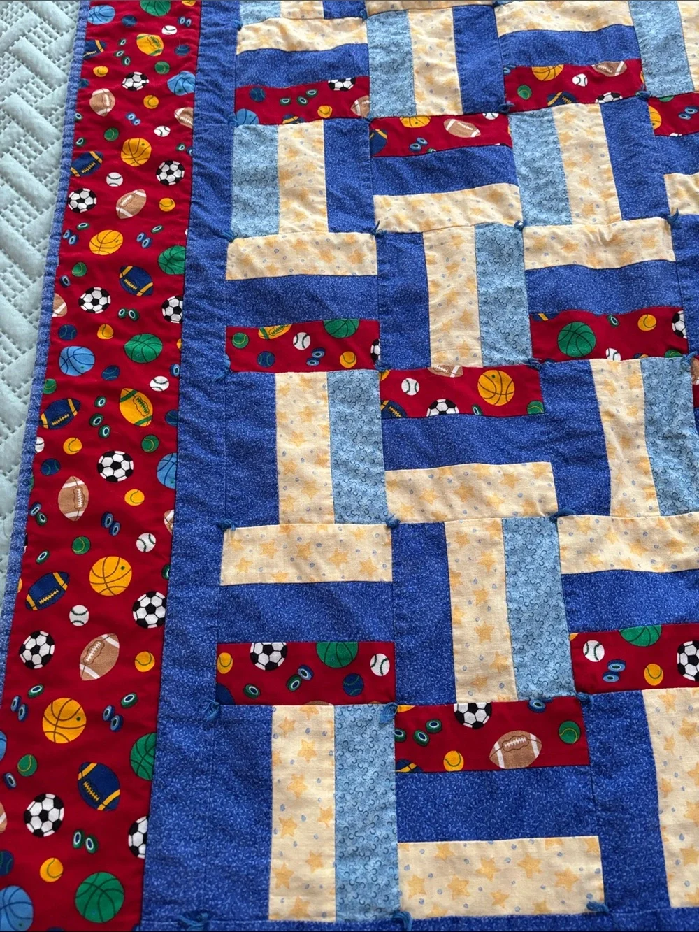 Handmade Sports Patchwork Quilt - Red, Blue, Yellow